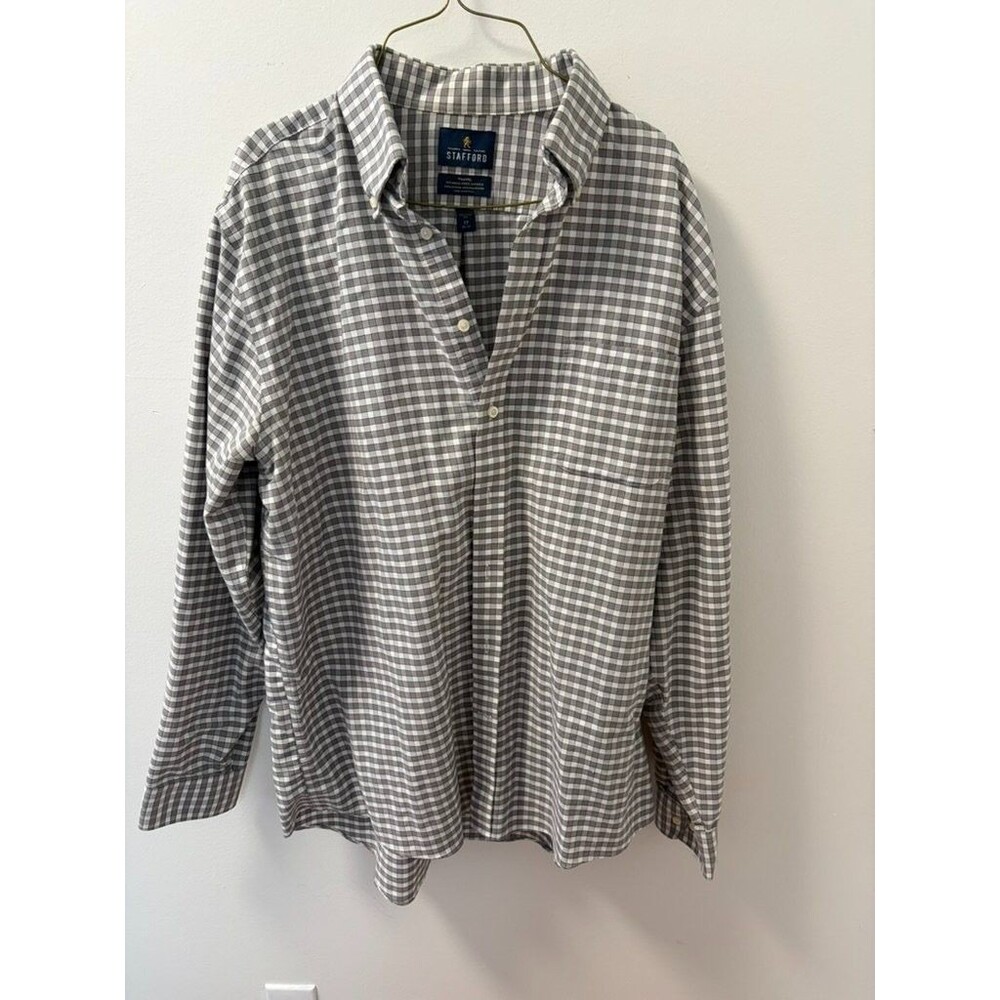 Stafford Travel Wrinkle-Free Oxford Dress Shirt Mens 17 36-37 Gray Gingham Check